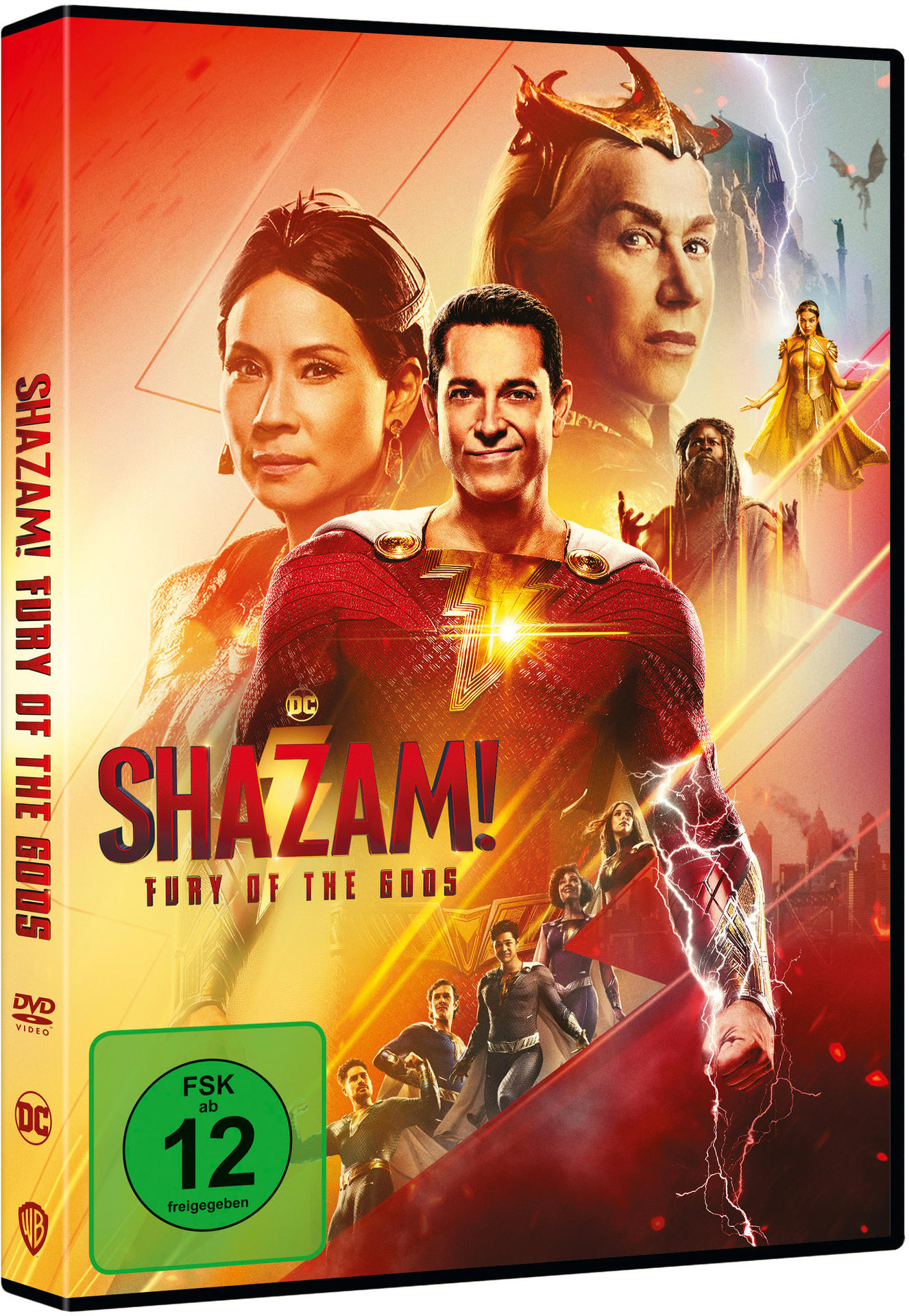 DVD-Cover von Shazam! Fury of the Gods. Enthält Bilder der Besetzung und Titeltext auf rotem und gelbem Hintergrund.
