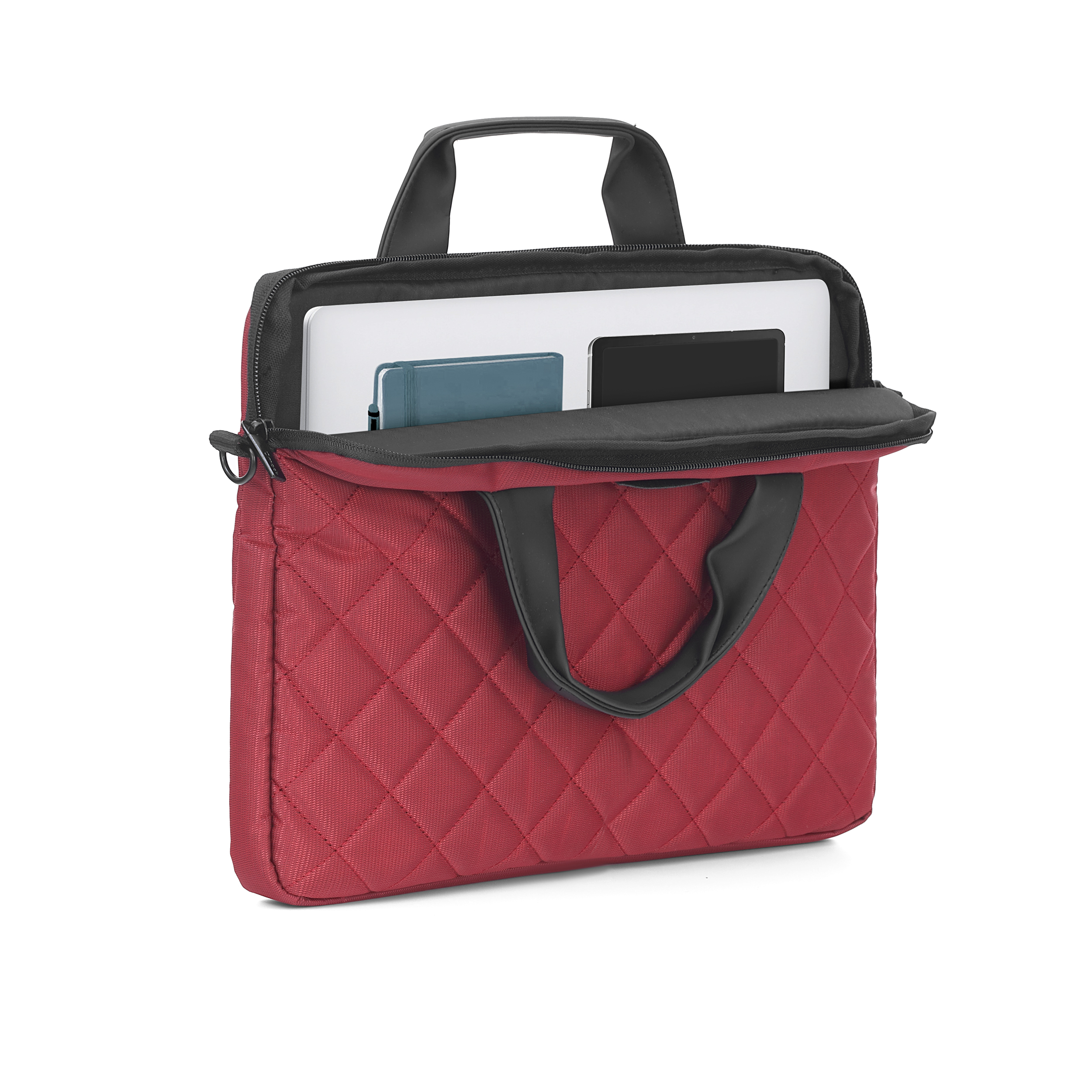 Kırmızı dizüstü bilgisayar çantası açık, içinde laptop, tablet ve not defteri.
