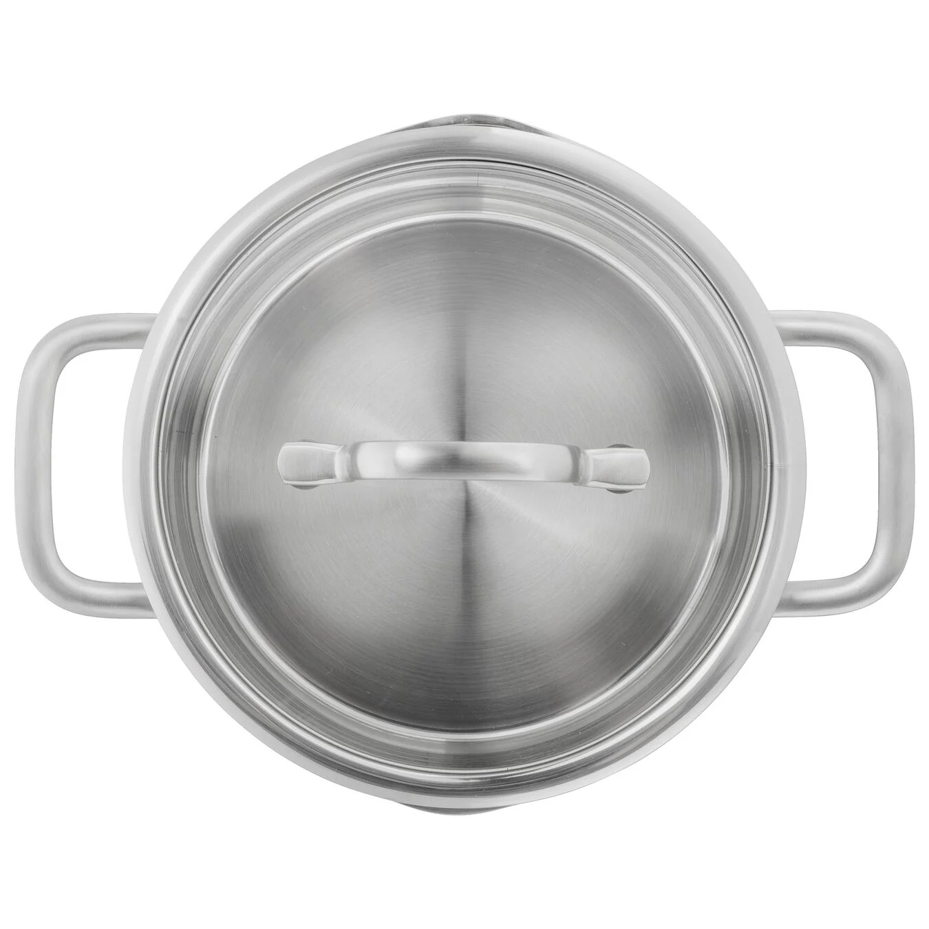 Edelstahltopf mit Deckel, Griffen und Draufsicht.