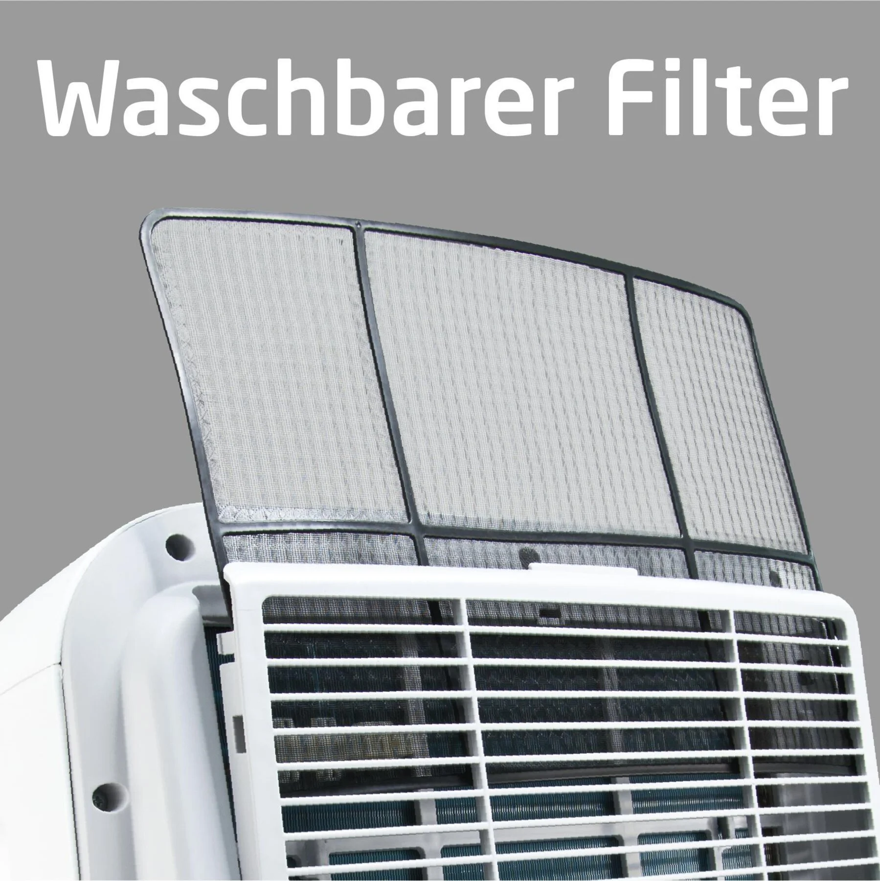 Ein waschbarer Filter für Luftreiniger, schwarzes Netz mit weißem Rahmen.