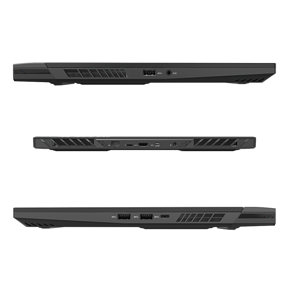 Drei Ansichten eines schwarzen Laptops. Zeigt Anschlüsse und Belüftung an den Seiten und unten.