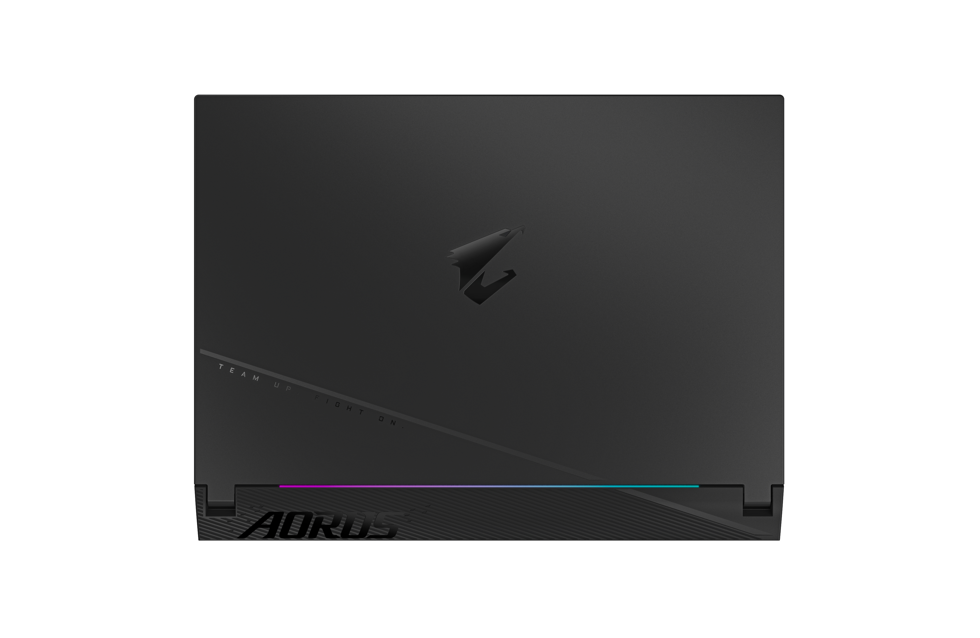 Schwarzer Laptop, Draufsicht, geschlossen. Das AORUS-Logo ist zentriert. Weißer Hintergrund.