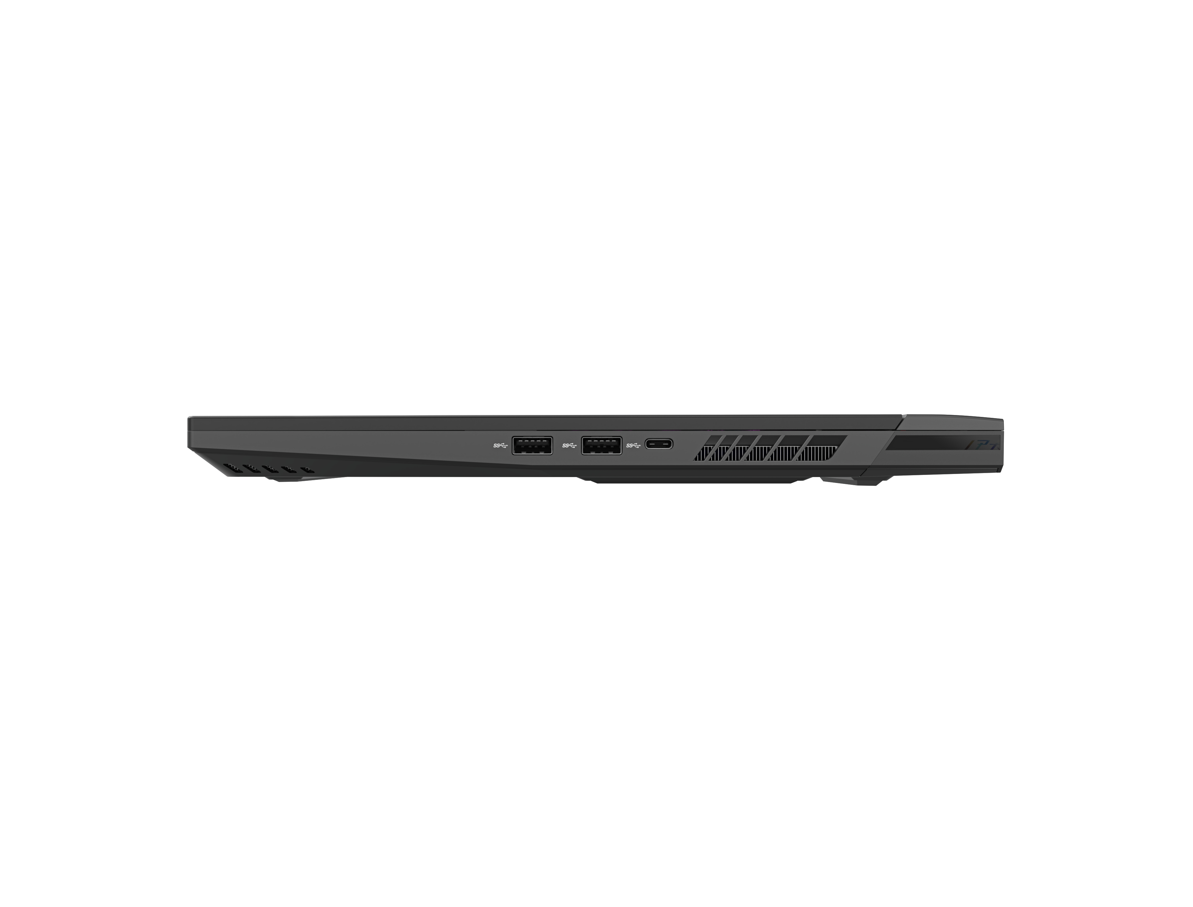 Seitenansicht eines schwarzen Laptops mit Anschlüssen und Lüftungsschlitzen.