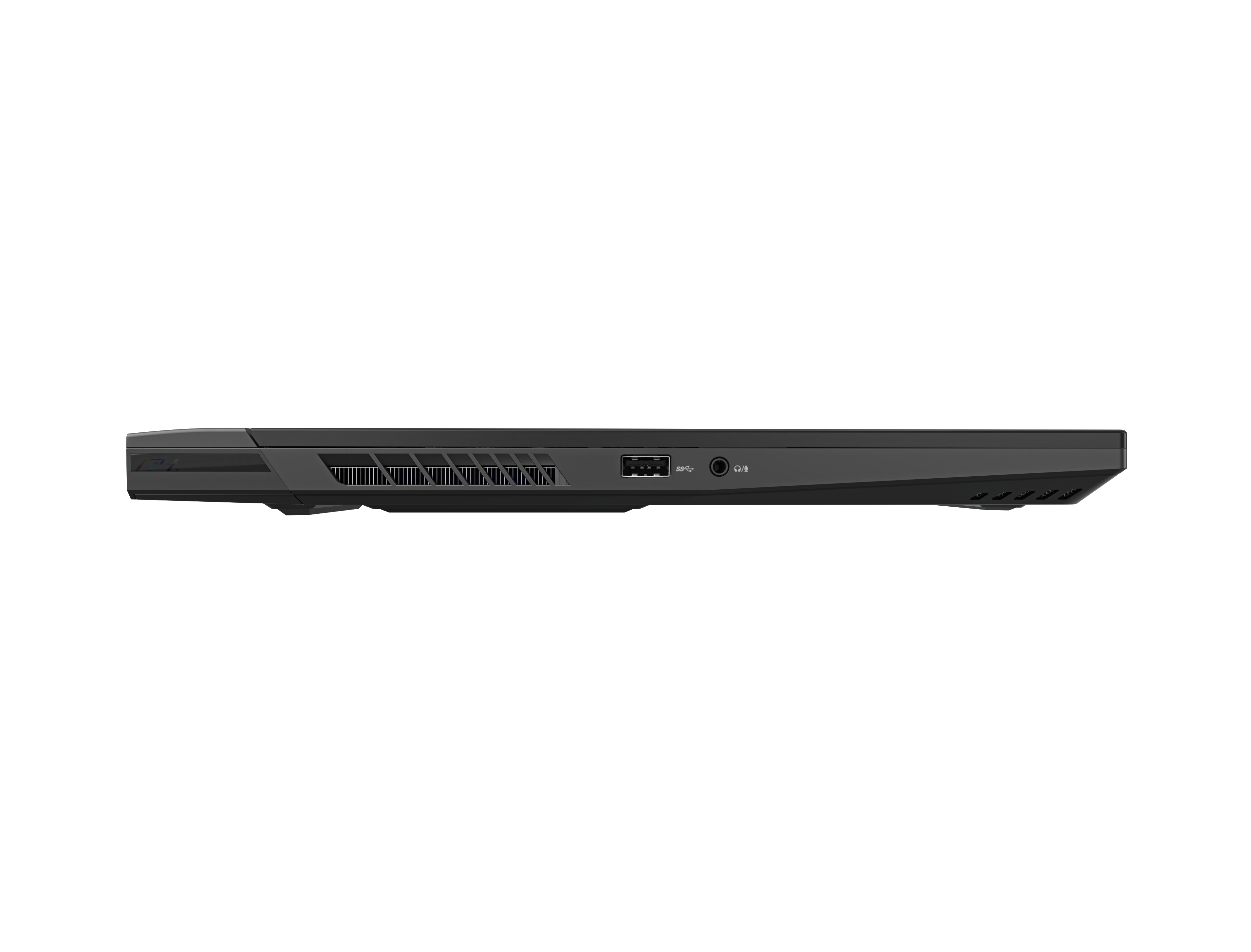 Schwarzer Laptop Seitenansicht, Anschlüsse sichtbar, auf weißem Hintergrund.