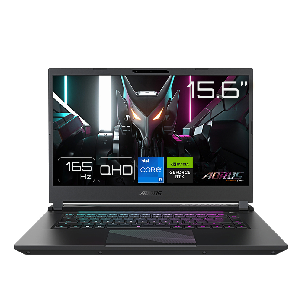 Ein schwarzer Laptop, der geöffnet ist und einen Spielbildschirm mit Intel- und Nvidia-Logos zeigt.