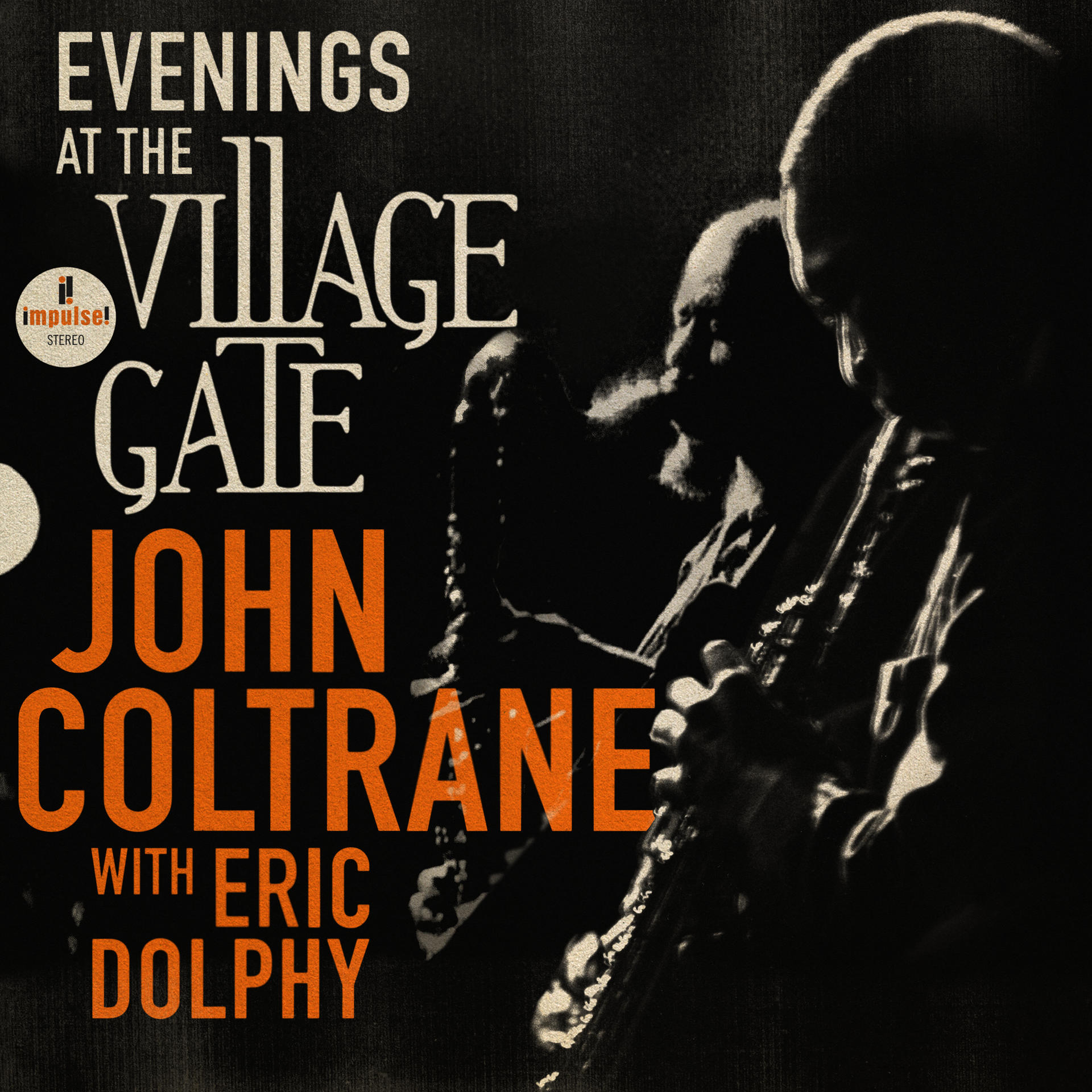 Albumcover für 'Evenings at the Village Gate' von John Coltrane mit Eric Dolphy. Dunkles Jazz-Thema.
