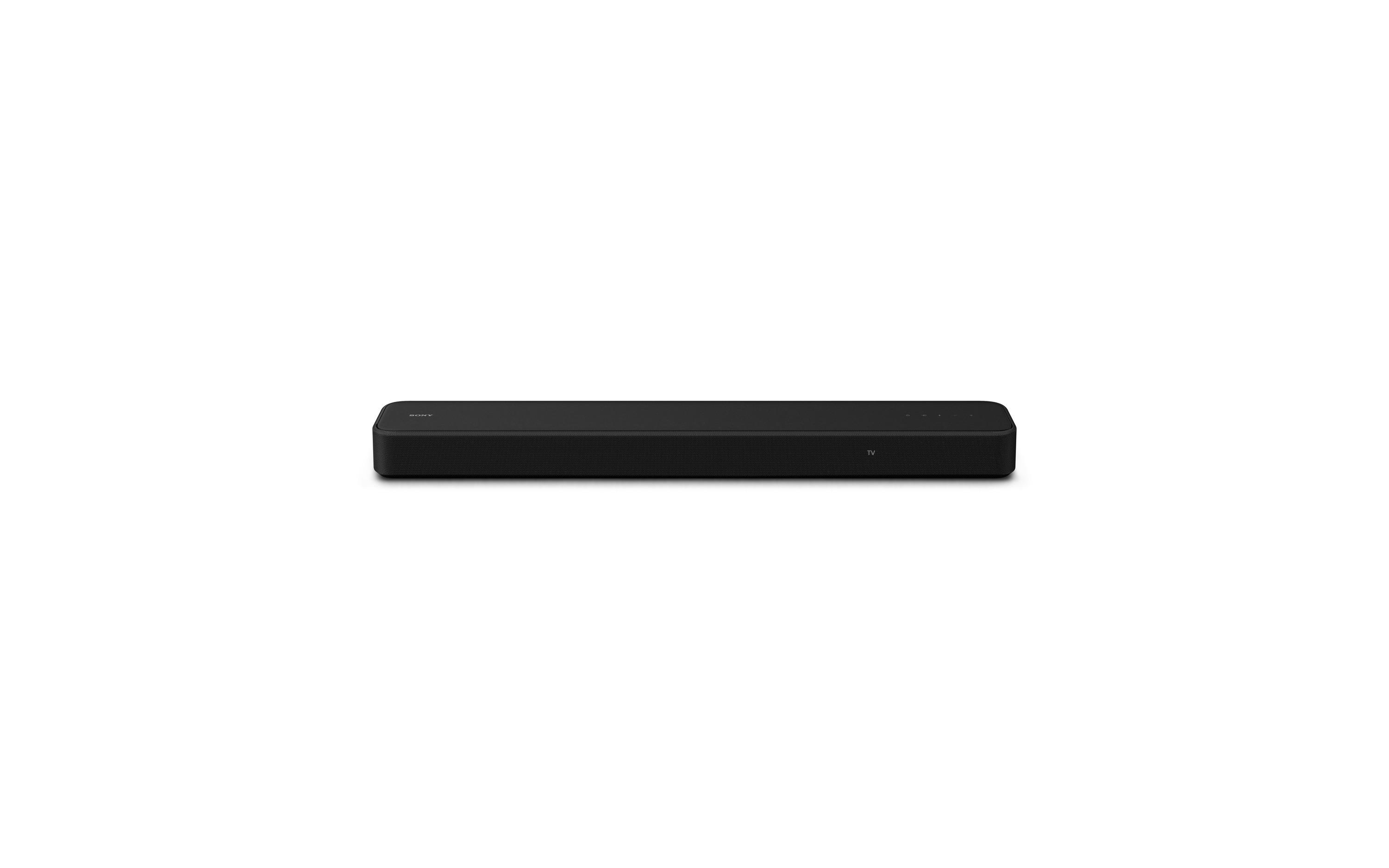 Eine schwarze Soundbar auf weißem Hintergrund. Sie hat eine lange, rechteckige Form.