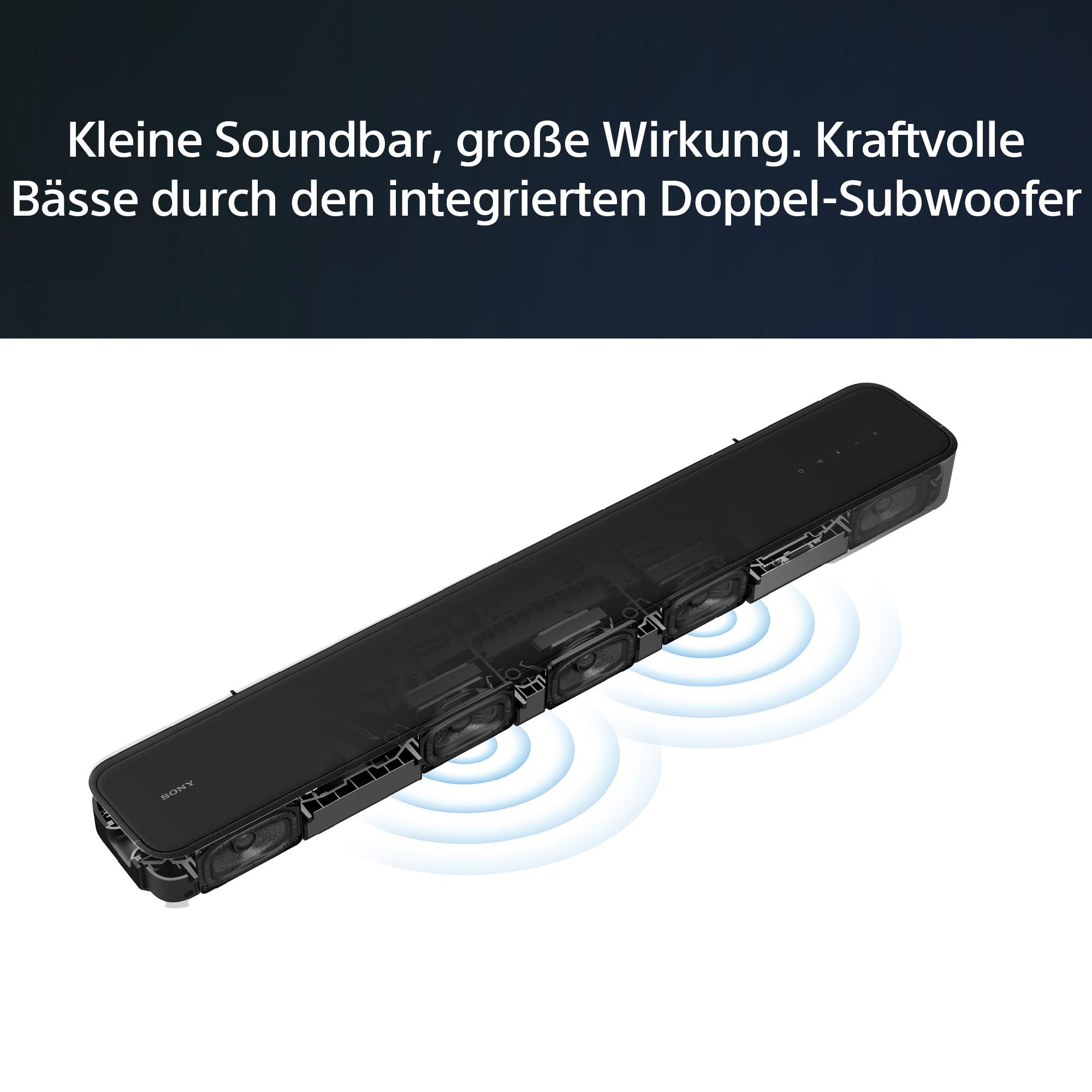 Eine schwarze Soundbar mit Lautsprechern und blauen Schallwellen auf weißem Hintergrund.