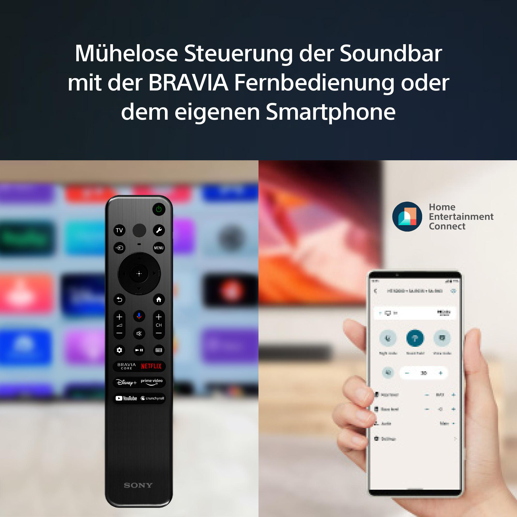Eine TV-Fernbedienung und ein Smartphone mit App-Oberfläche. Der Hintergrund ist unscharf.