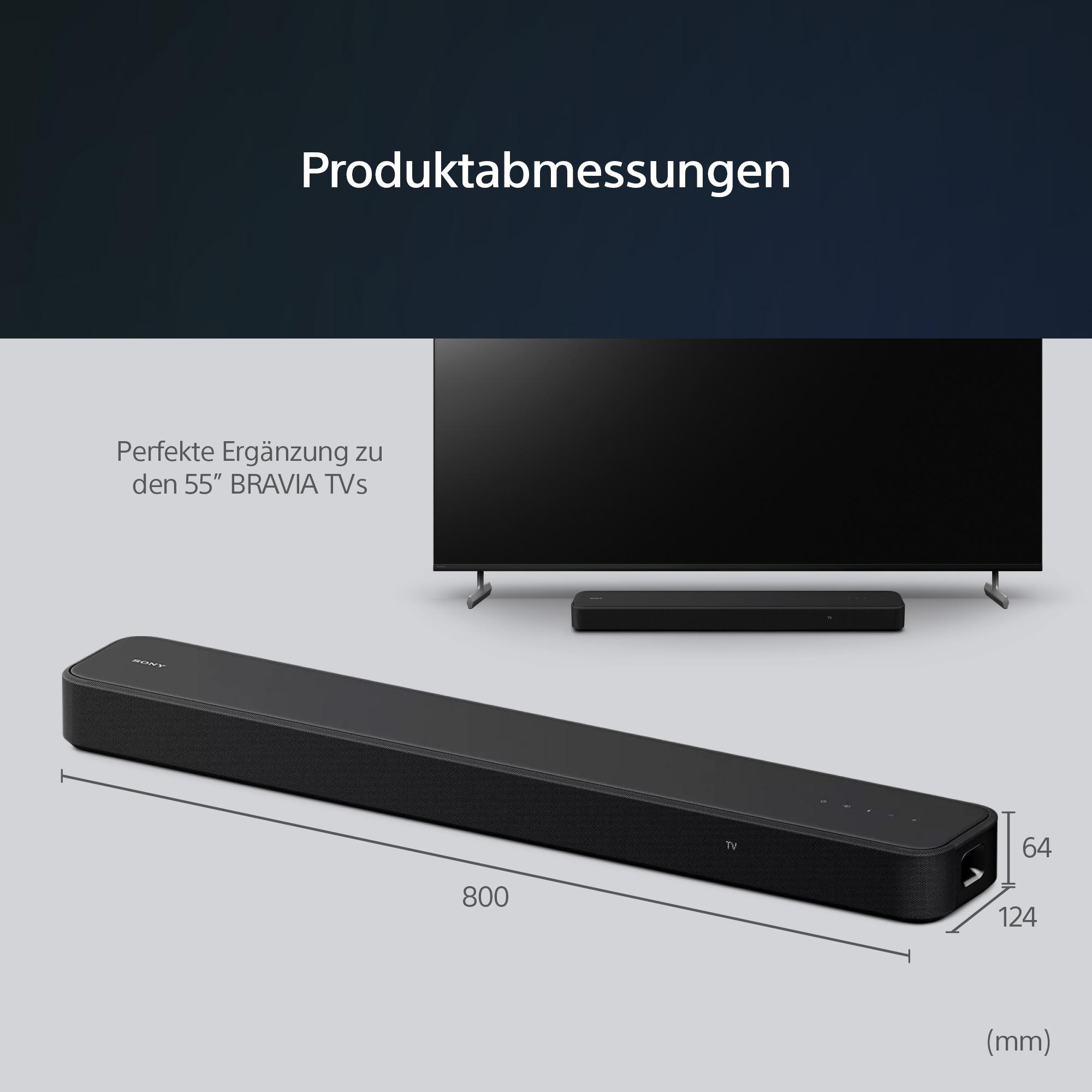 Schwarze Soundbar unter einem Fernseher, mit Abmessungen in mm.