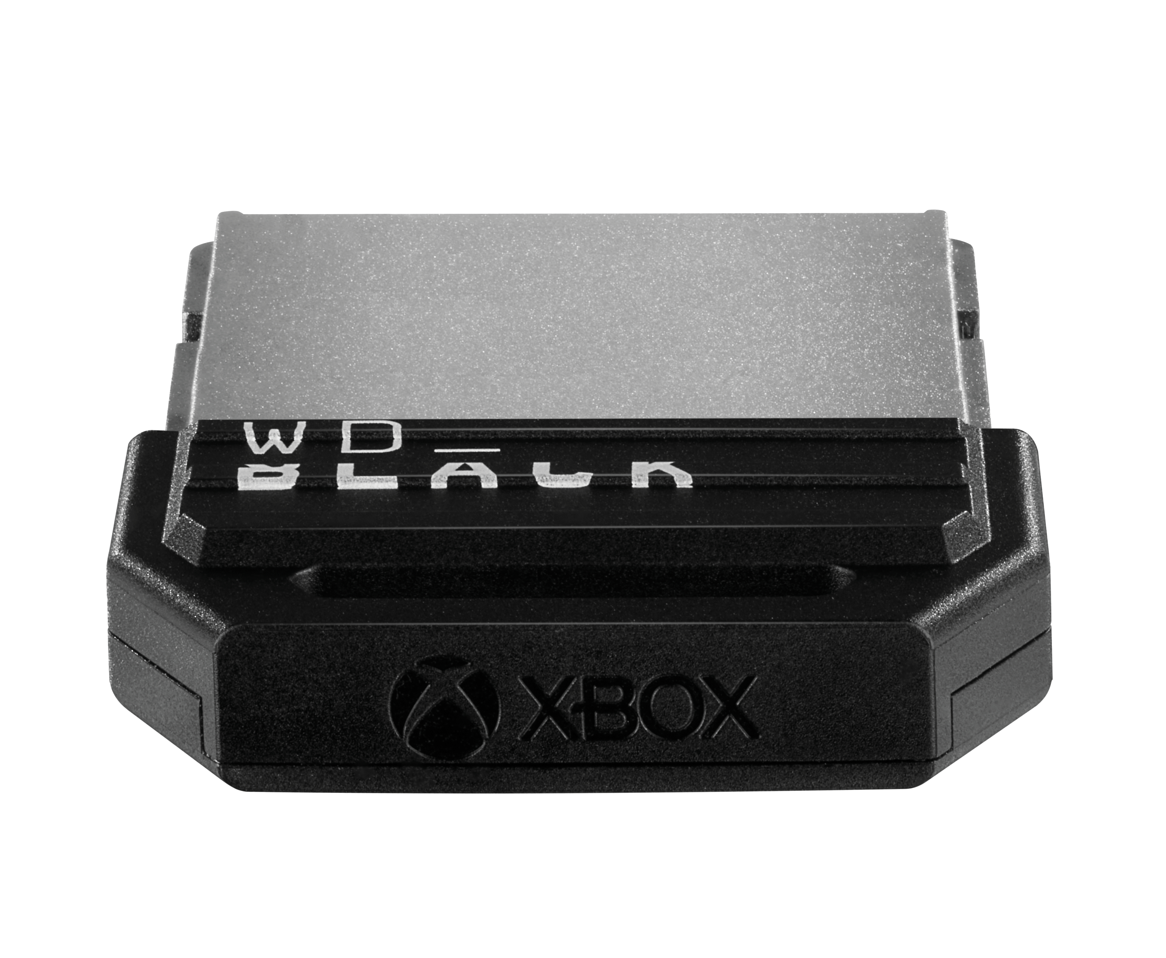 Eine schwarze WD_BLACK Xbox Speichererweiterungskarte auf weißem Hintergrund.
