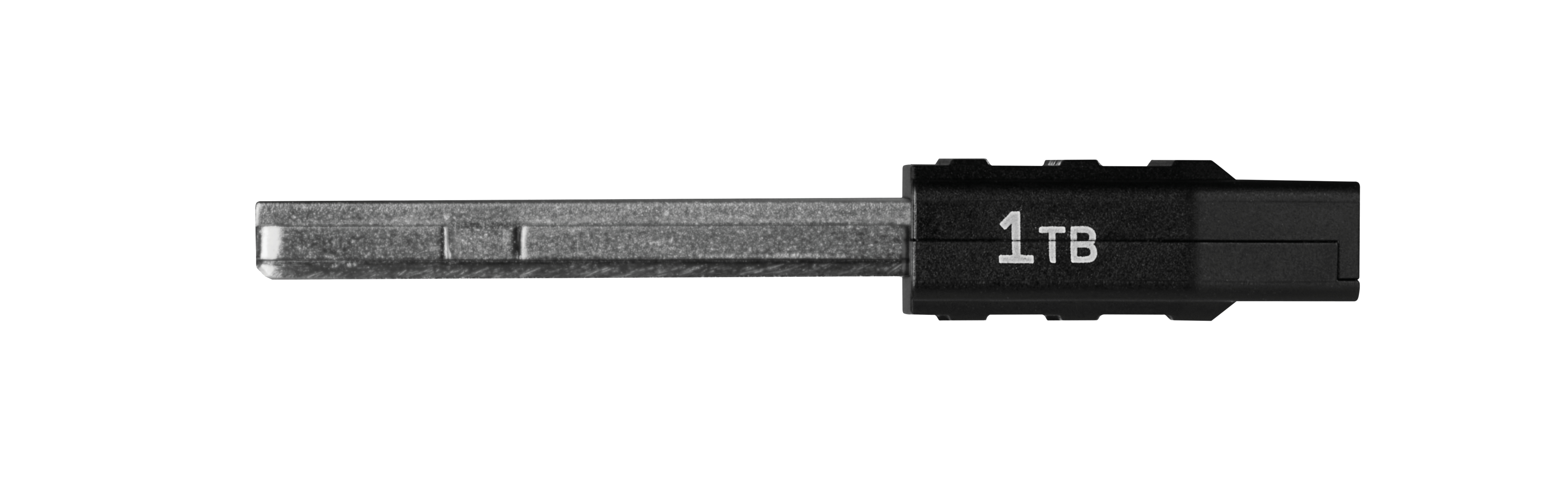 Ein schwarzer USB-Stick mit der Aufschrift '1TB', isoliert auf weißem Hintergrund.
