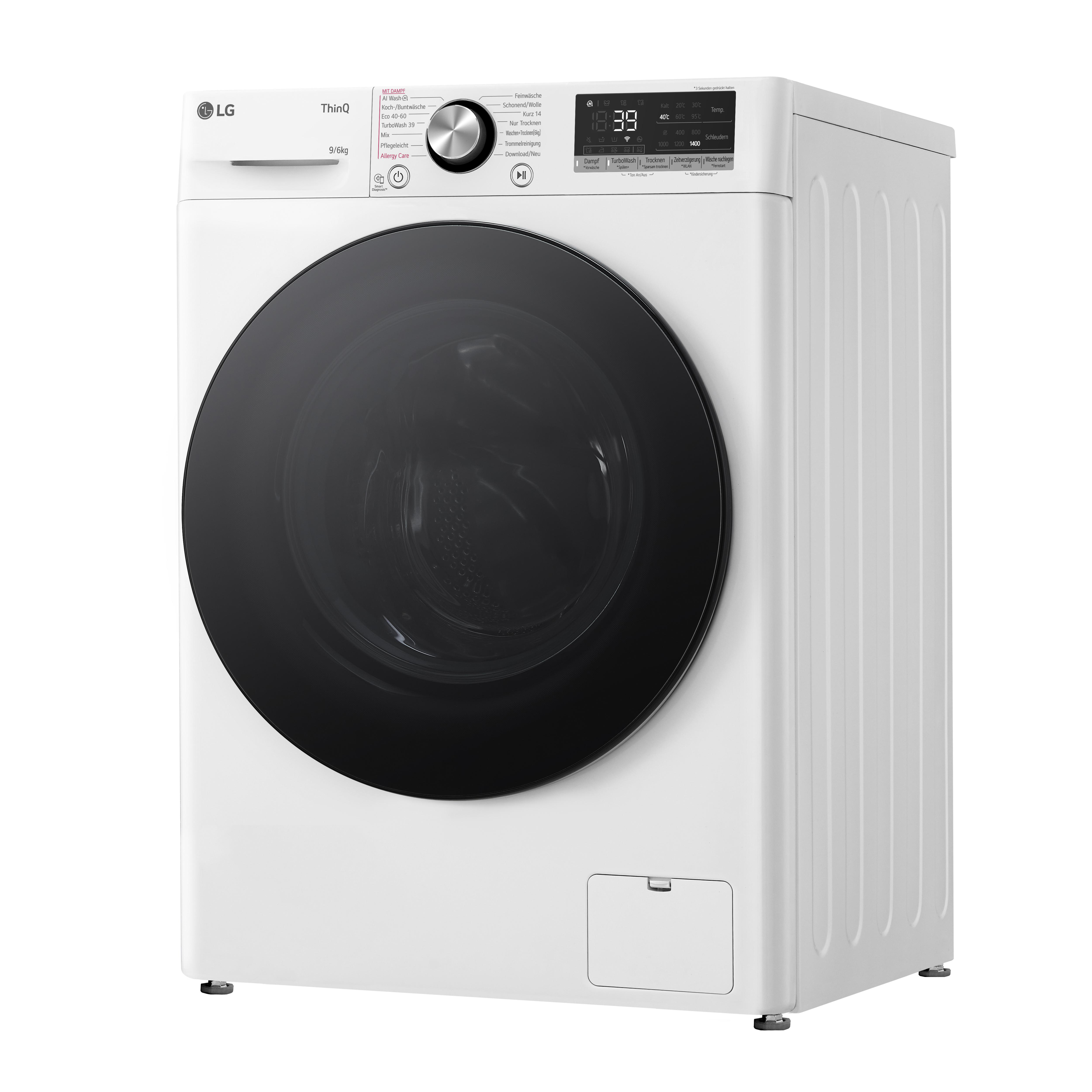 Weiße LG Waschmaschine mit schwarzer Tür. Weißer Hintergrund.