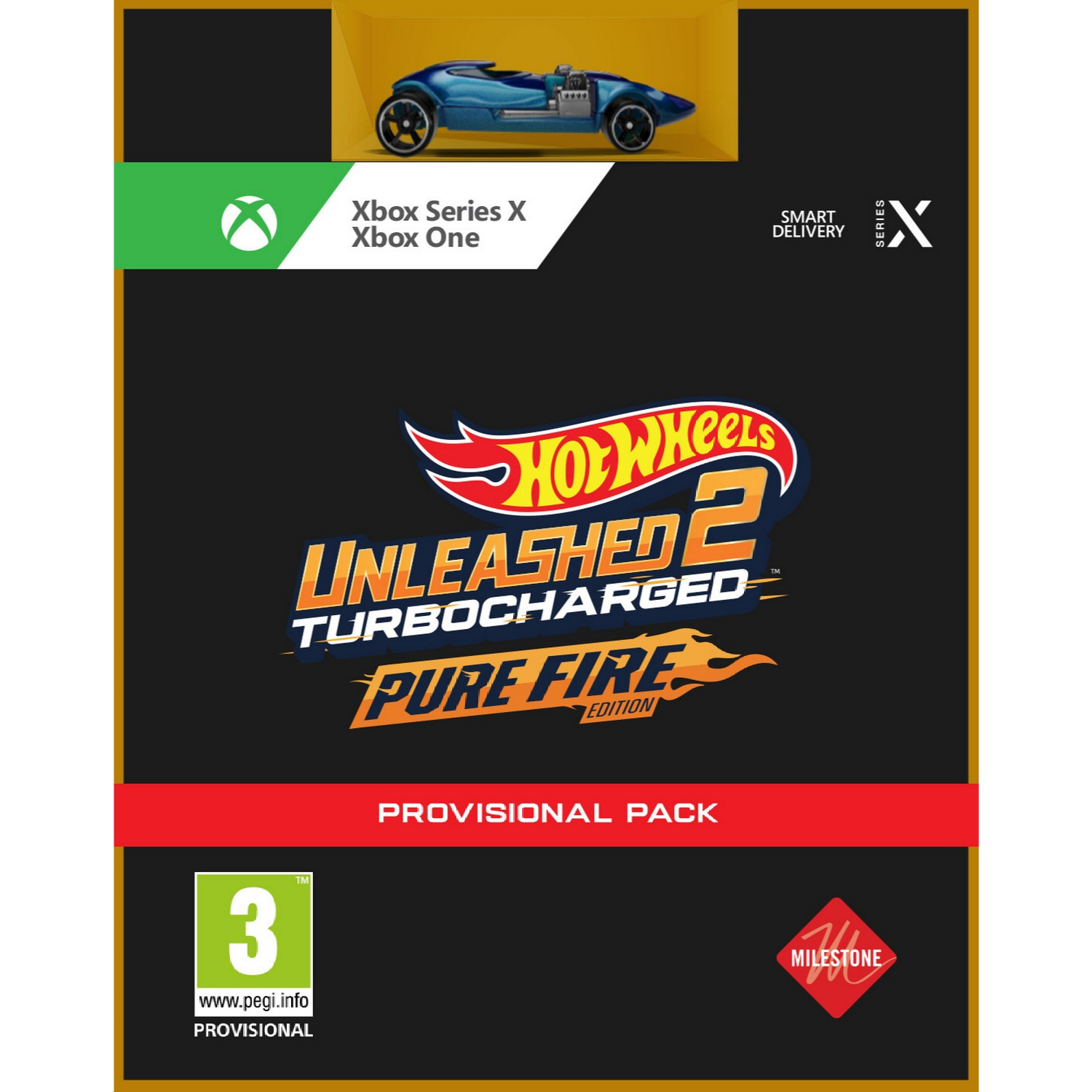 Hot Wheels Unleashed 2 gamebox voor Xbox Series X/One. Met een blauwe auto en de speltitel.