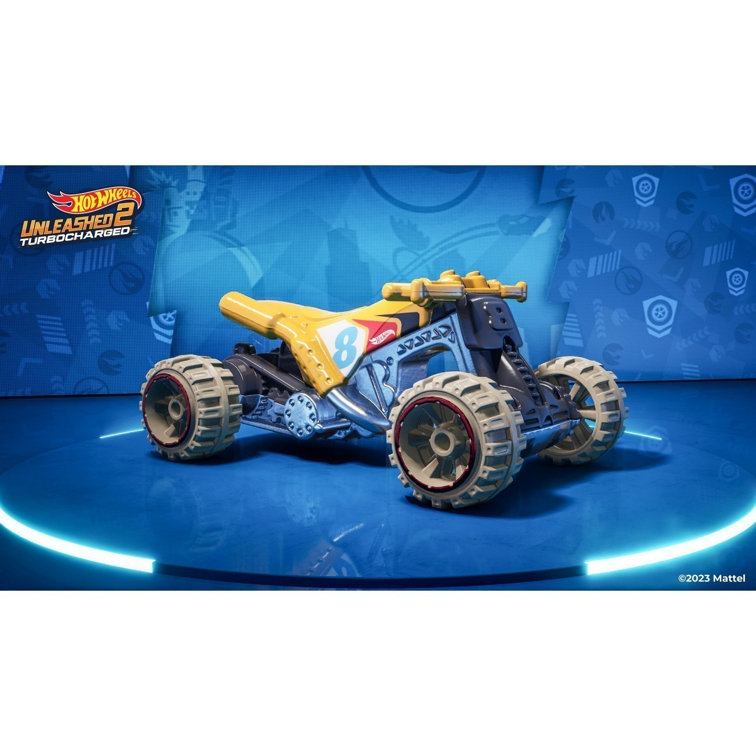 Een gele en zwarte speelgoedauto met het Hot Wheels-logo.