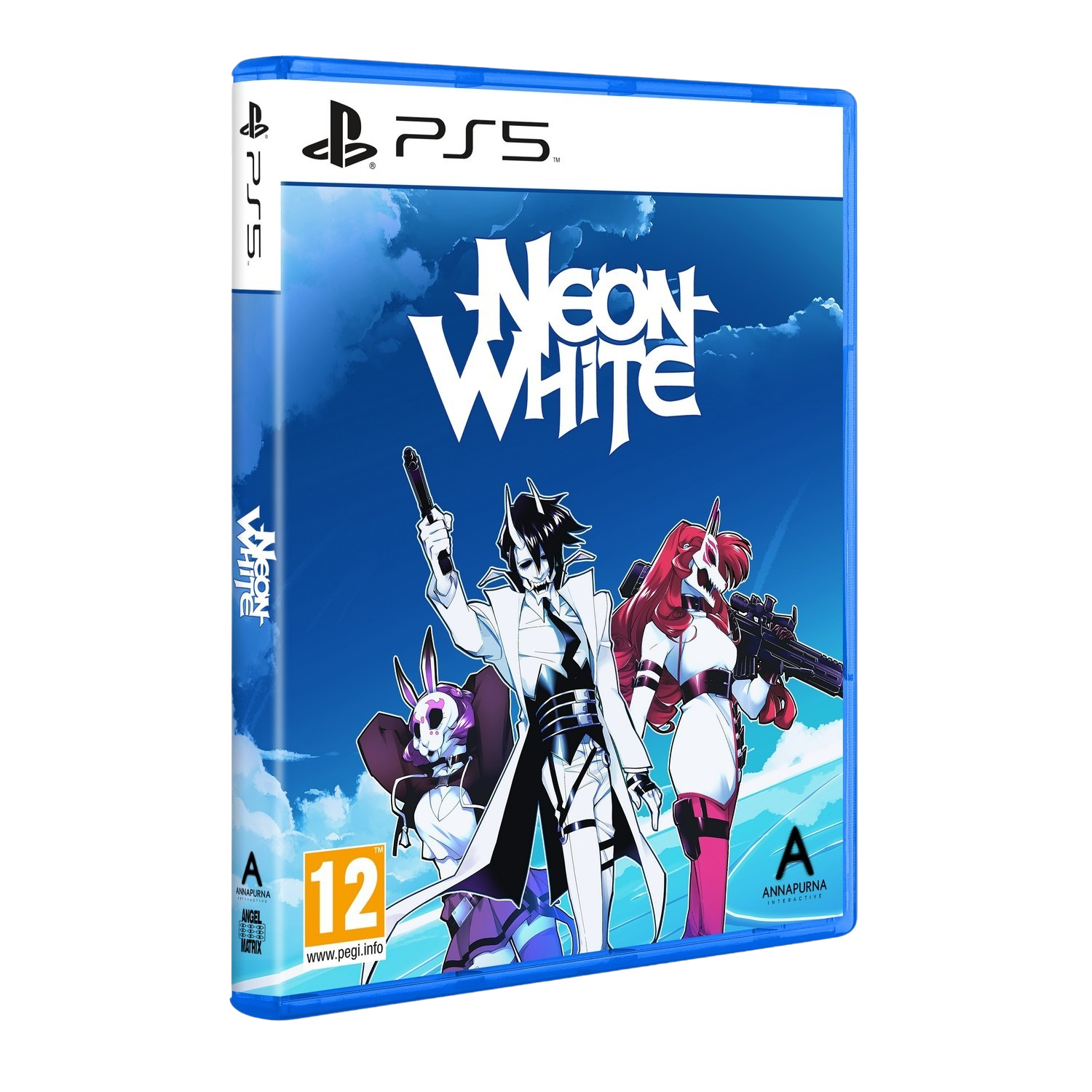 Game box art: personages met wapens, titel 'Neon White'.
