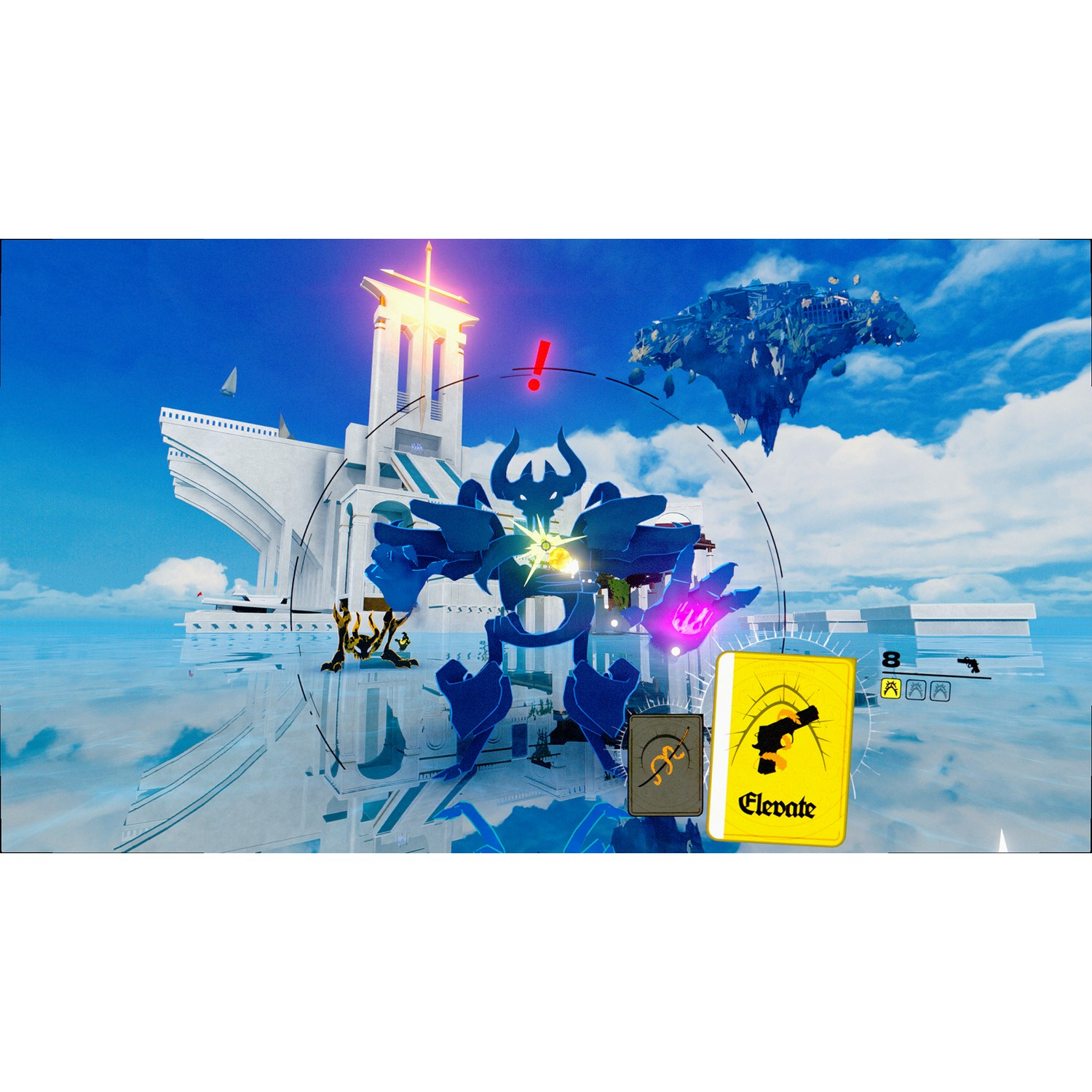 Een videogame scène met een grote blauwe robot, zwevende eilanden en twee kaarten.
