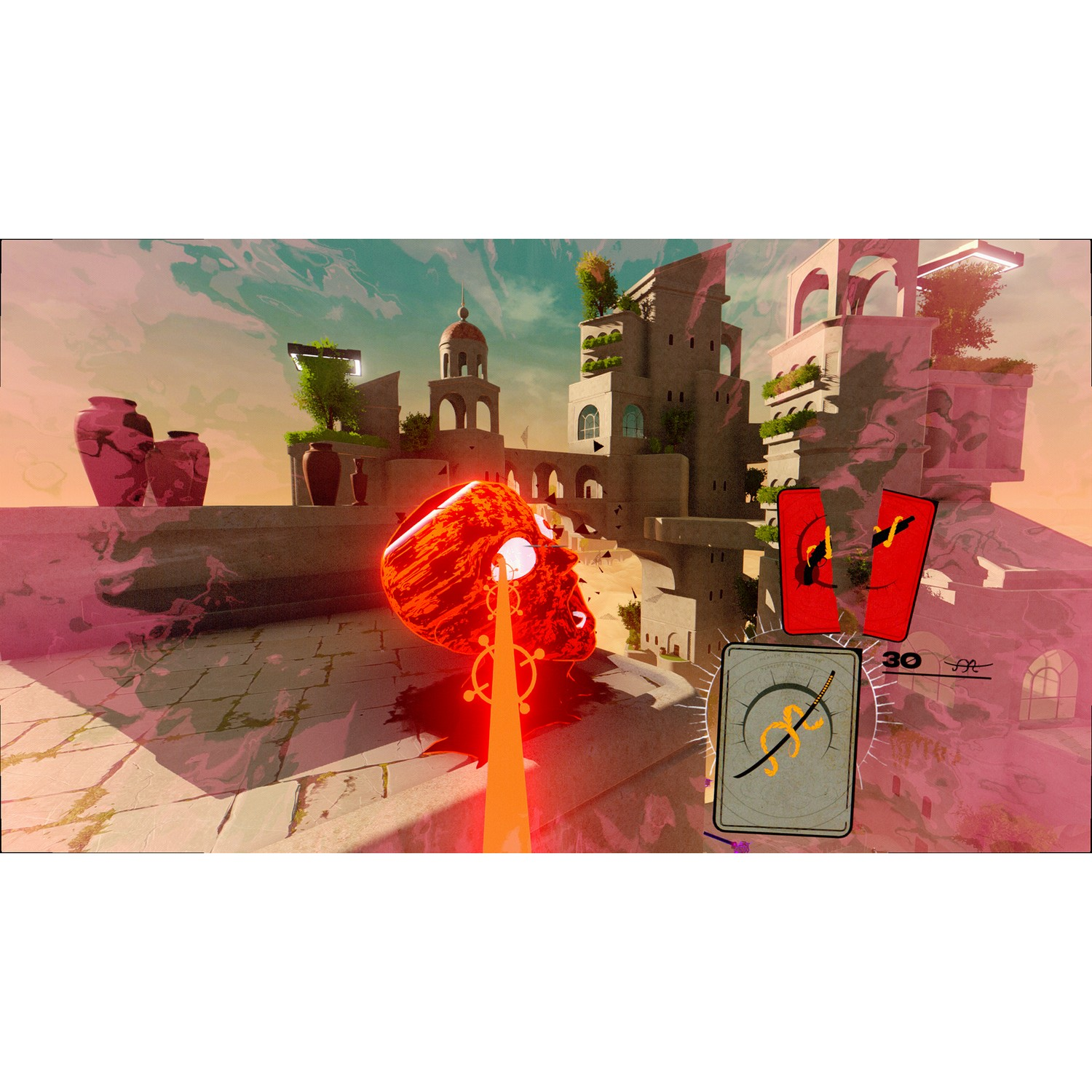Een surrealistische videogame scène met een rode schedel en een zwevend zwaard met een kaart en twee andere objecten.