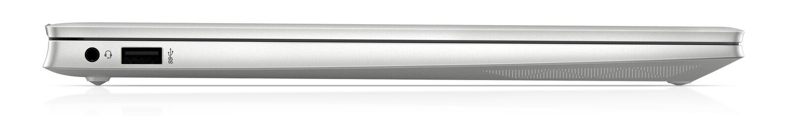 Widok z boku zamkniętego srebrnego laptopa z kilkoma portami z boku.