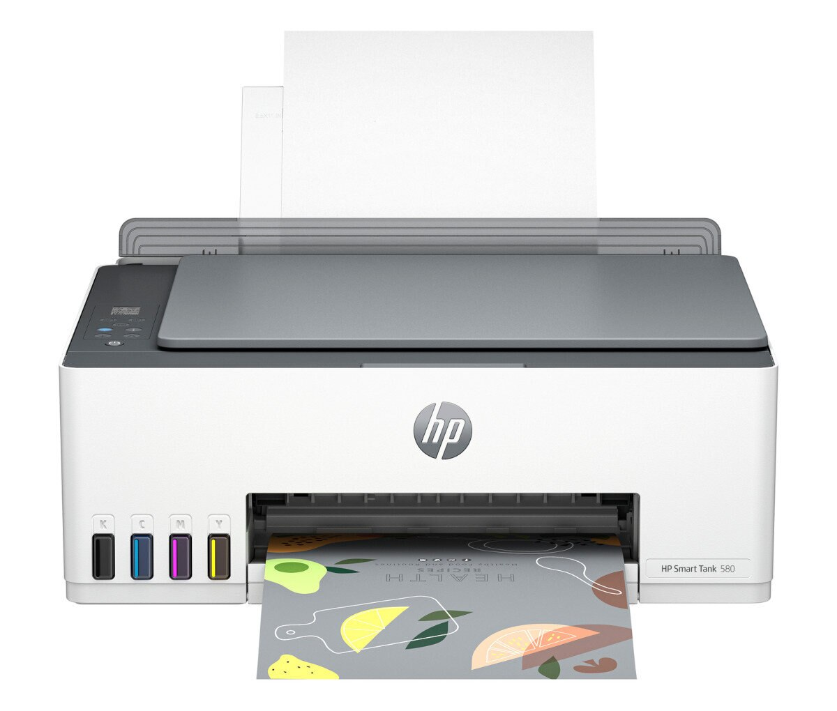Biało-szara drukarka HP Smart Tank 580 z papierem i widocznymi pojemnikami z tuszem.