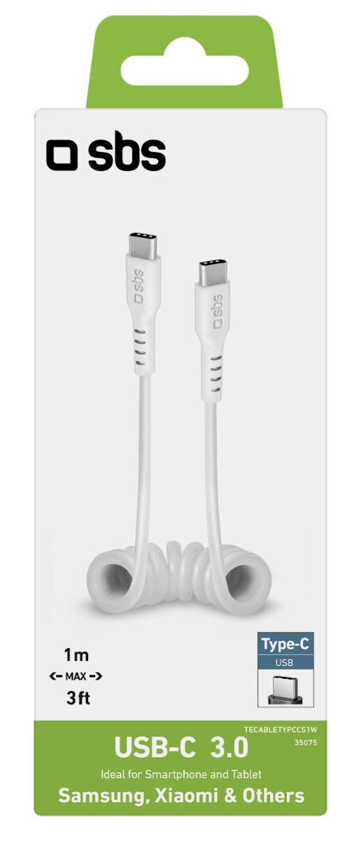 Biały kabel USB-C 3.0 w opakowaniu. Jest to kabel spiralny, ze złączami na obu końcach.