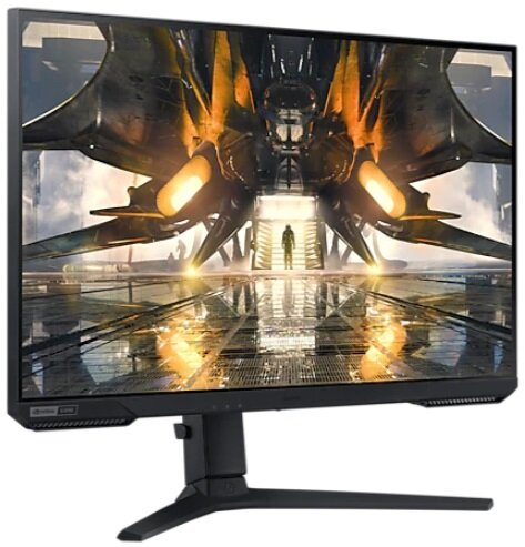 Monitor do gier z futurystycznym obrazem sci-fi na ekranie, z czarną ramką i podstawą.