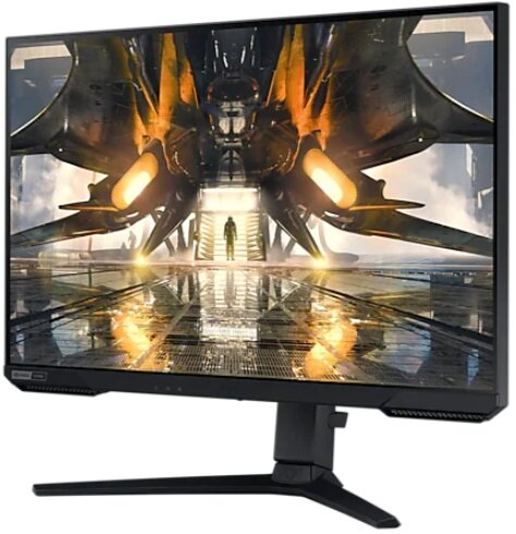 Monitor do gier z futurystyczną sceną na ekranie. Osoba stoi na środku.