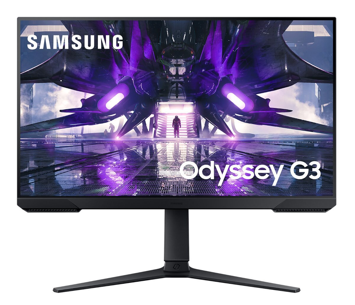 Monitor SAMSUNG Odyssey G3 wyświetla futurystyczną scenę gry z postacią.