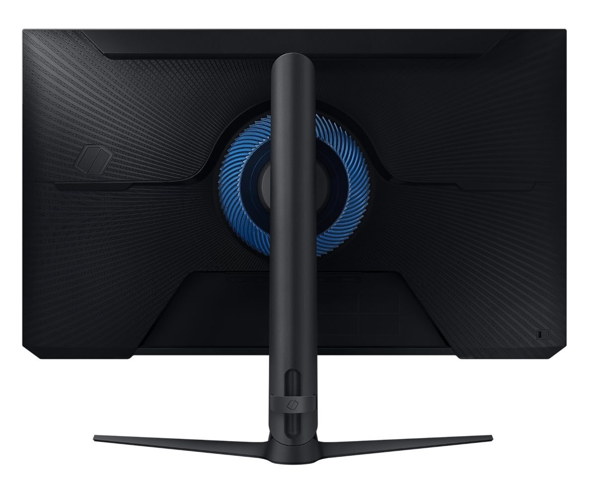 Tył czarnego monitora do gier z niebieskim okrągłym wzorem.