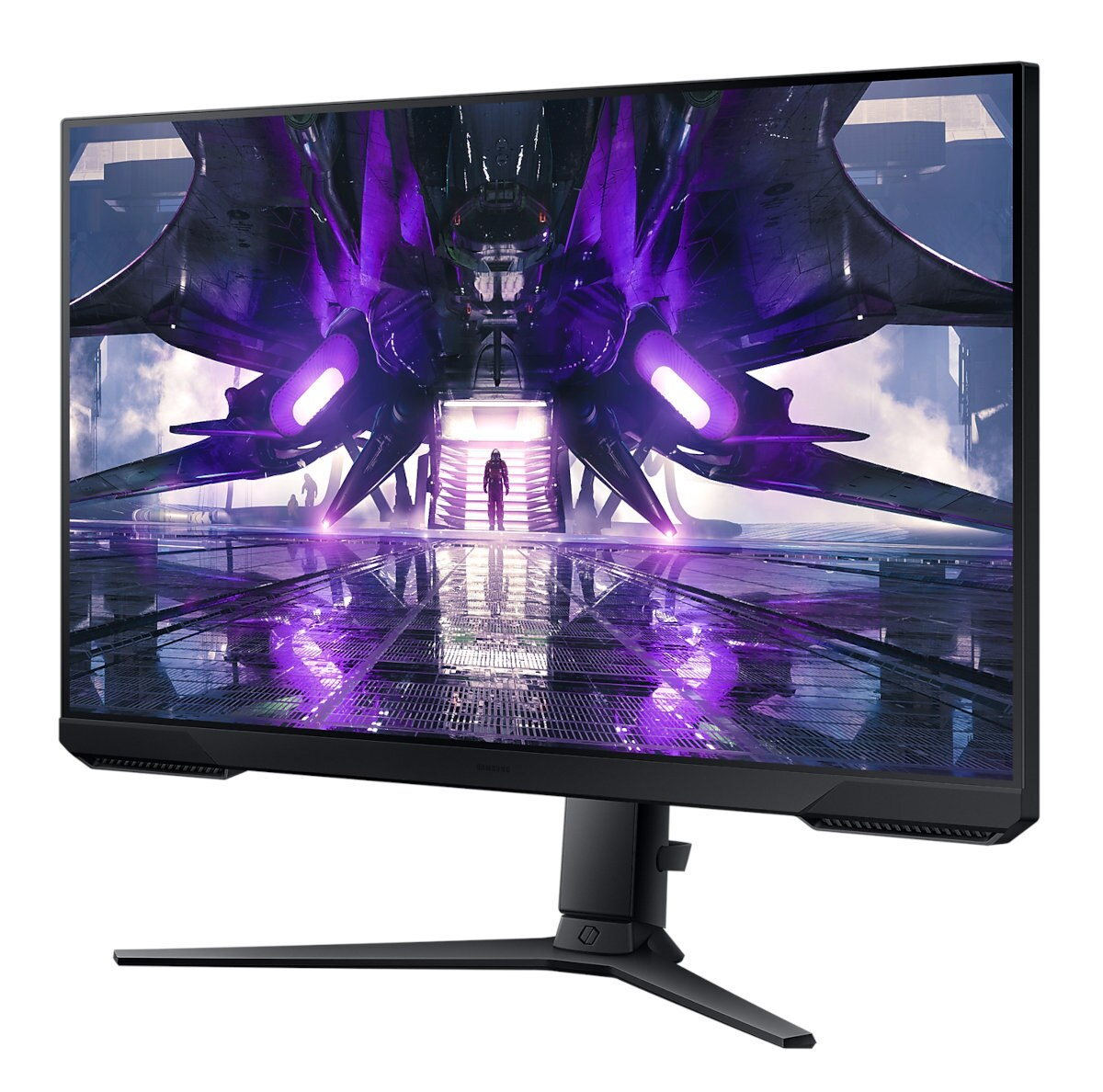 Monitor komputera wyświetlający futurystyczną scenę z postacią. Monitor jest czarny ze stojakiem.