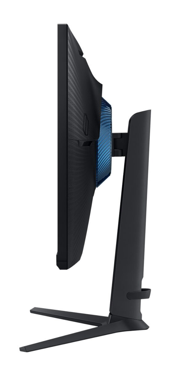 Widok z boku czarno-niebieskiego monitora Samsung, ze stojakiem, na białym tle.