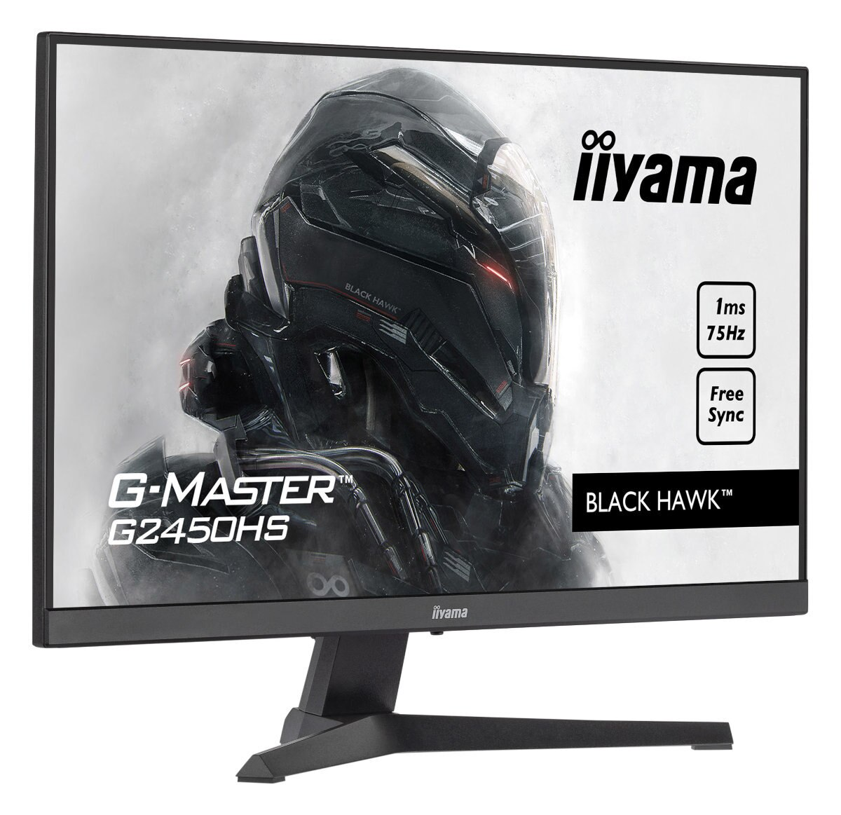 Monitor do gier wyświetlający robota. Tekst na ekranie: G-MASTER, BLACK HAWK i iiYama.