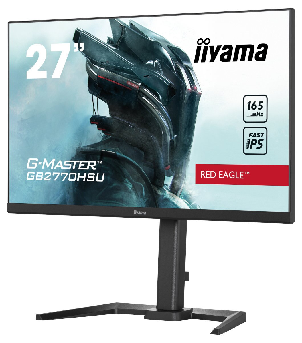 27-calowy monitor do gier z czarnym stojakiem, ekran wyświetla grafikę i tekst.