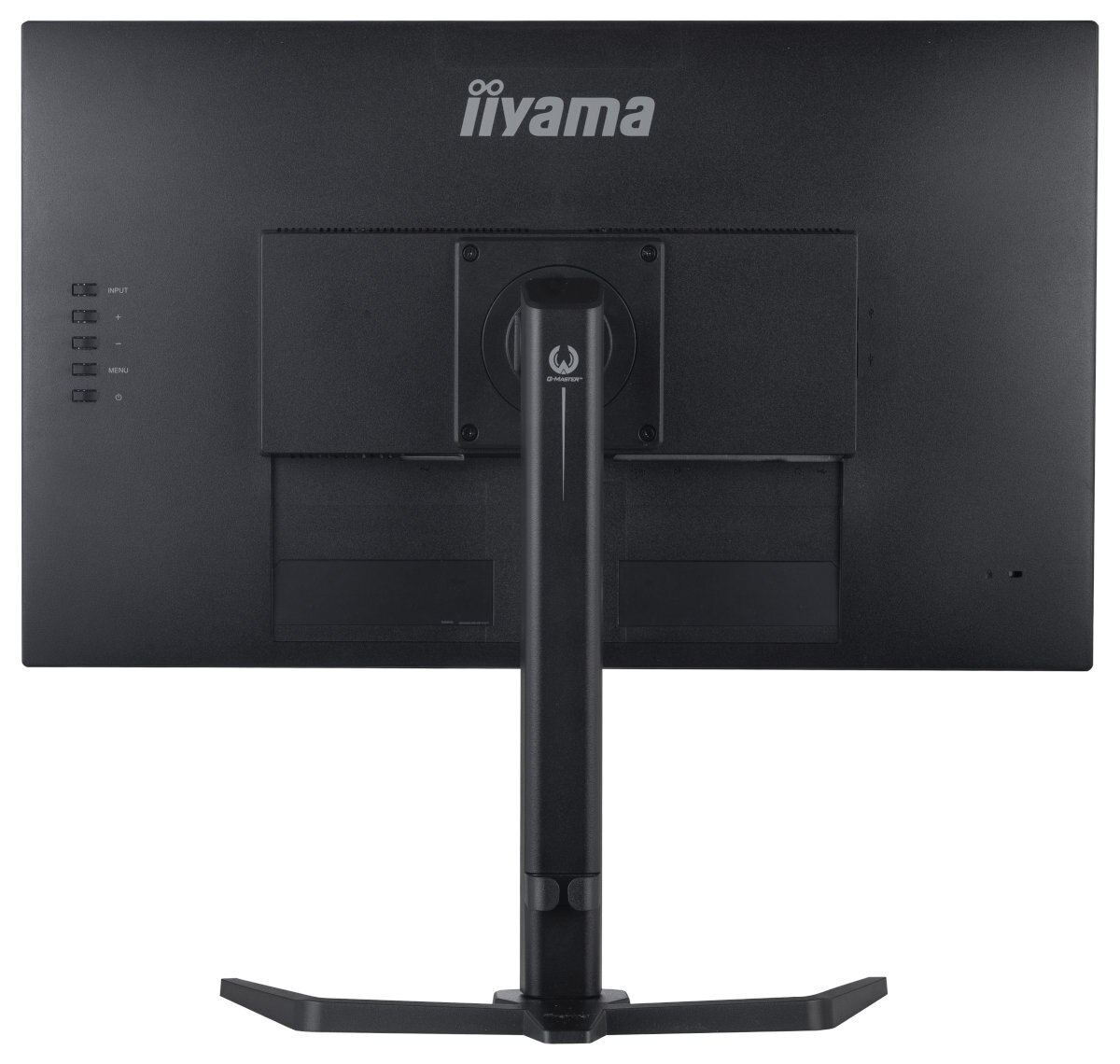 Tył czarnego monitora komputera ze stojakiem. Monitor ma przyciski i porty z boku.