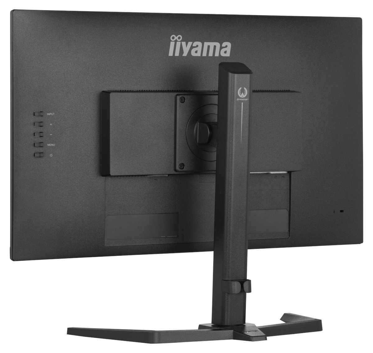 Widok z tyłu czarnego monitora komputerowego ze stojakiem. Widoczne logo Iiyama.