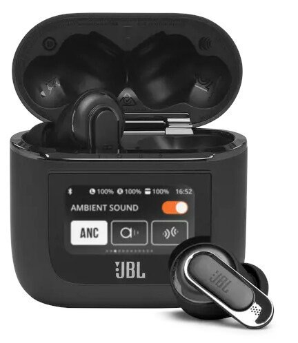 Czarne słuchawki i etui ładujące z wyświetlaczem.