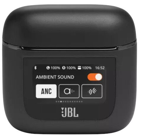 Czarny futerał ładujący słuchawki JBL z ekranem wyświetlającym ustawienia.