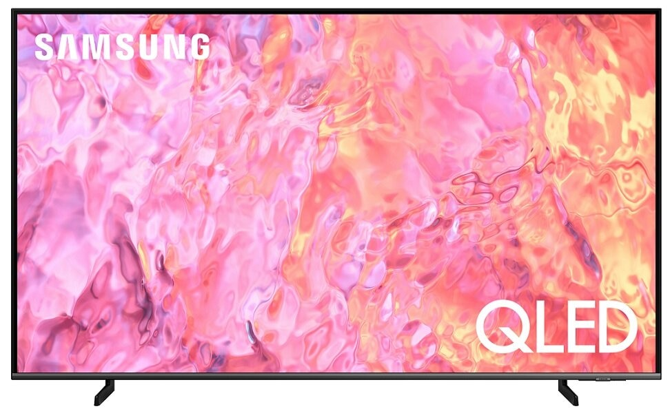 Telewizor Samsung QLED. Ekran wyświetla różowy i żółty abstrakcyjny wzór.