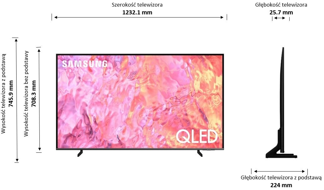 Telewizor z wymiarami, pokazujący ekran i podstawę, z wymiarami w mm.