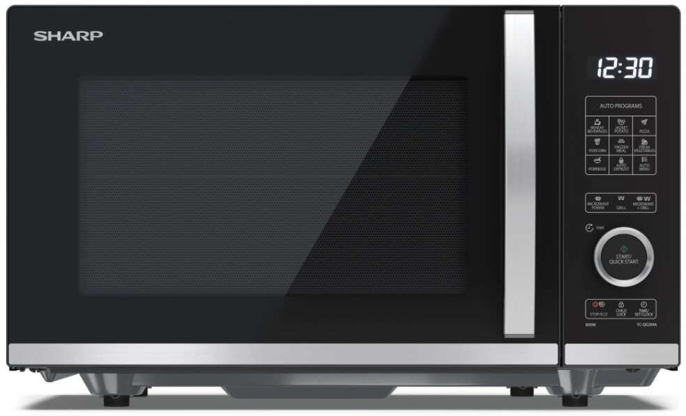 Czarna kuchenka mikrofalowa Sharp z cyfrowym wyświetlaczem 12:30 i różnymi opcjami automatycznego gotowania. Widoczne srebrne akcenty i przycisk start.