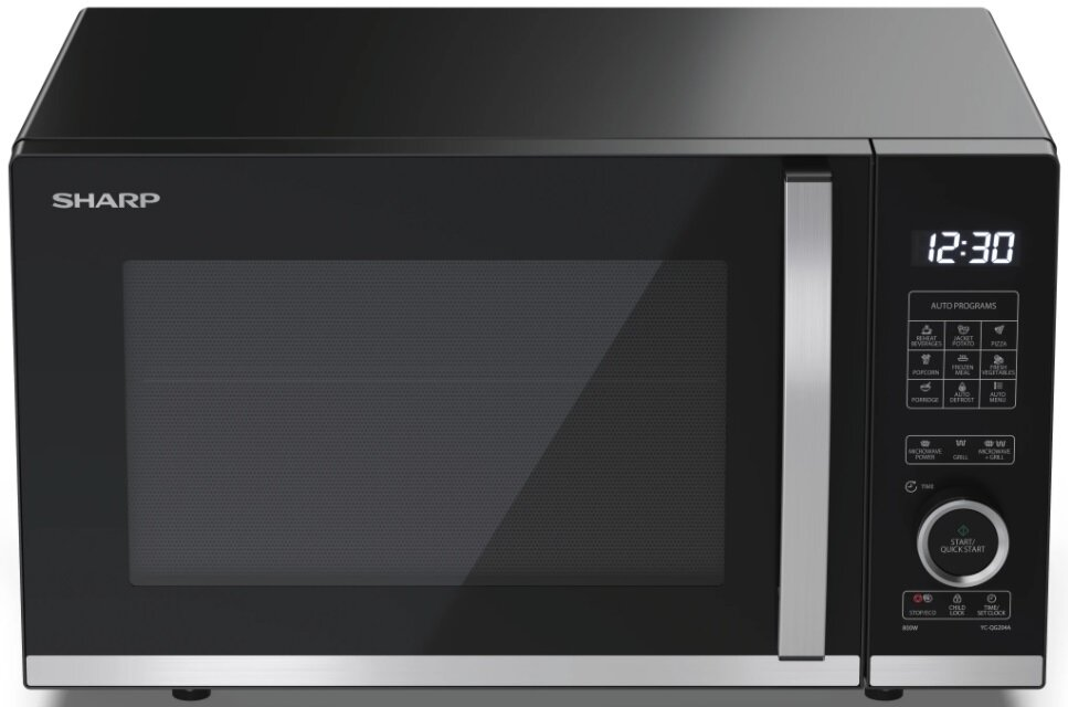 Czarna kuchenka mikrofalowa Sharp z cyfrowym zegarem i panelem sterowania. Drzwi są ciemne, a uchwyt srebrny.