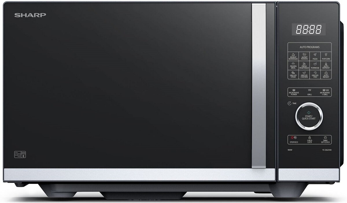 Czarny piekarnik mikrofalowy Sharp. Posiada wyświetlacz cyfrowy, panel sterowania z programami automatycznymi i przycisk start. Przód ma srebrne wykończenie.