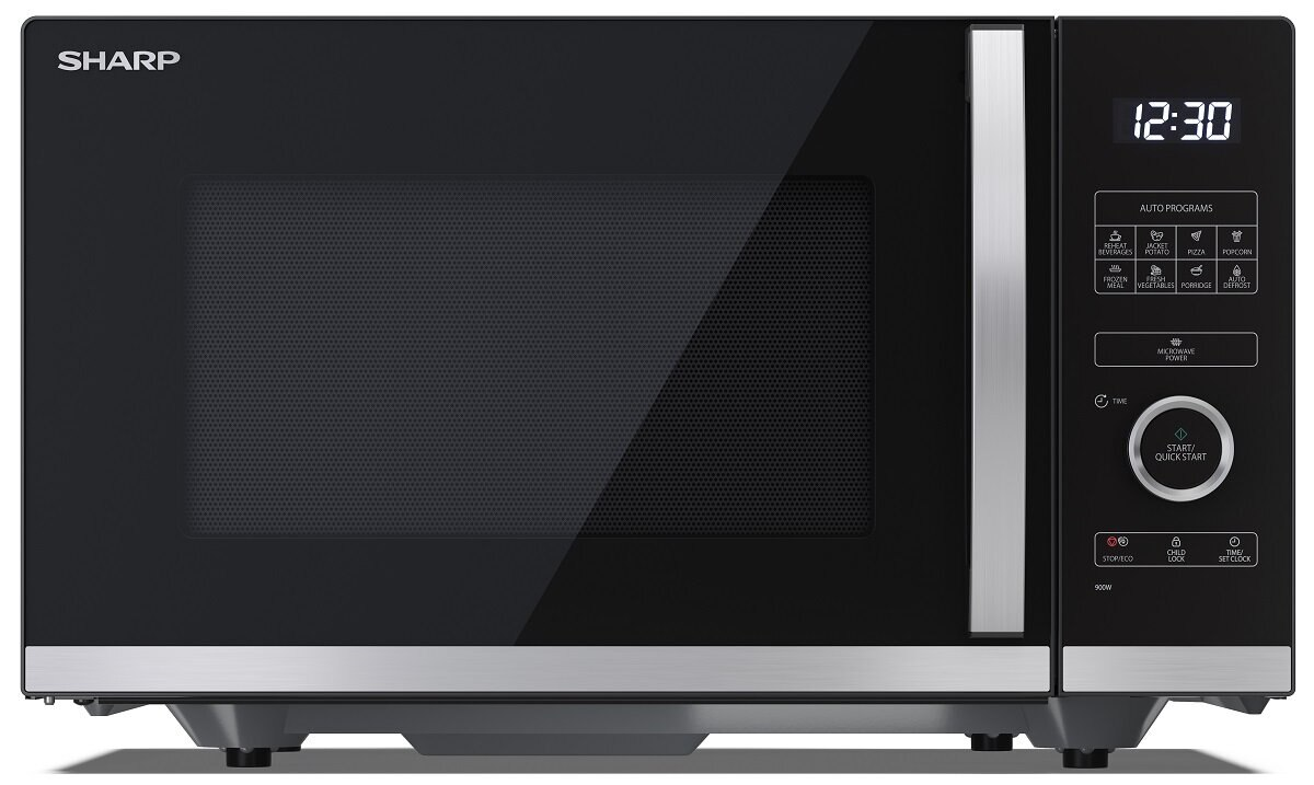 Czarna kuchenka mikrofalowa Sharp z cyfrowym zegarem wskazującym 12:30. Ma przyciski sterowania i srebrną obwódkę.