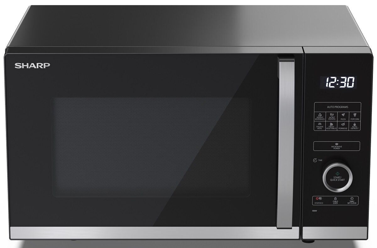 Czarna kuchenka mikrofalowa Sharp. Wyświetla godzinę 12:30 na cyfrowym zegarze. Sterowanie obejmuje programy automatyczne i przycisk start.
