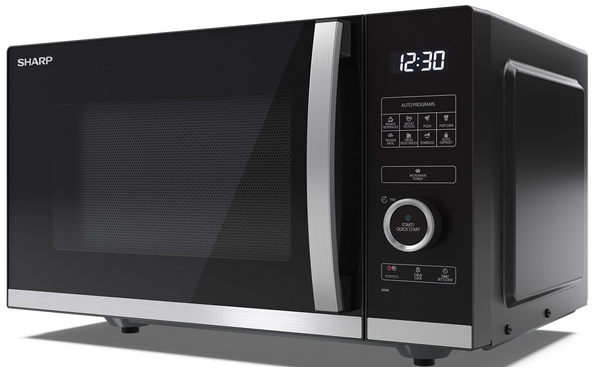 Czarny piekarnik mikrofalowy Sharp z cyfrowym wyświetlaczem zegara. Posiada różne przyciski funkcyjne oraz srebrny uchwyt i wykończenie.