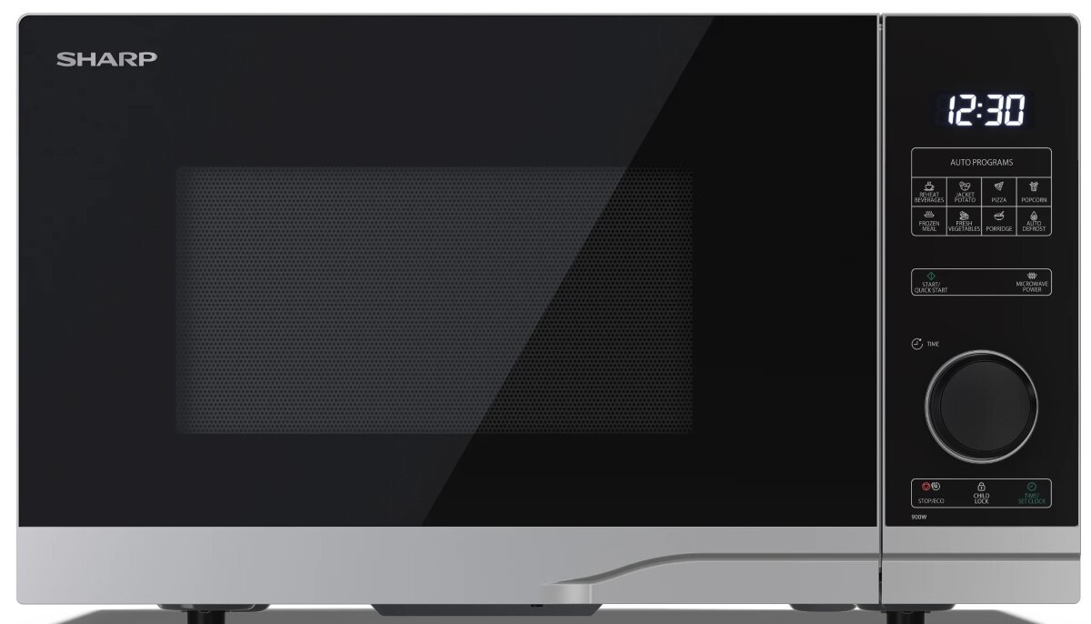 Czarna kuchenka mikrofalowa z wyświetlaczem cyfrowym 12:30. Panel sterowania z przyciskami po prawej.