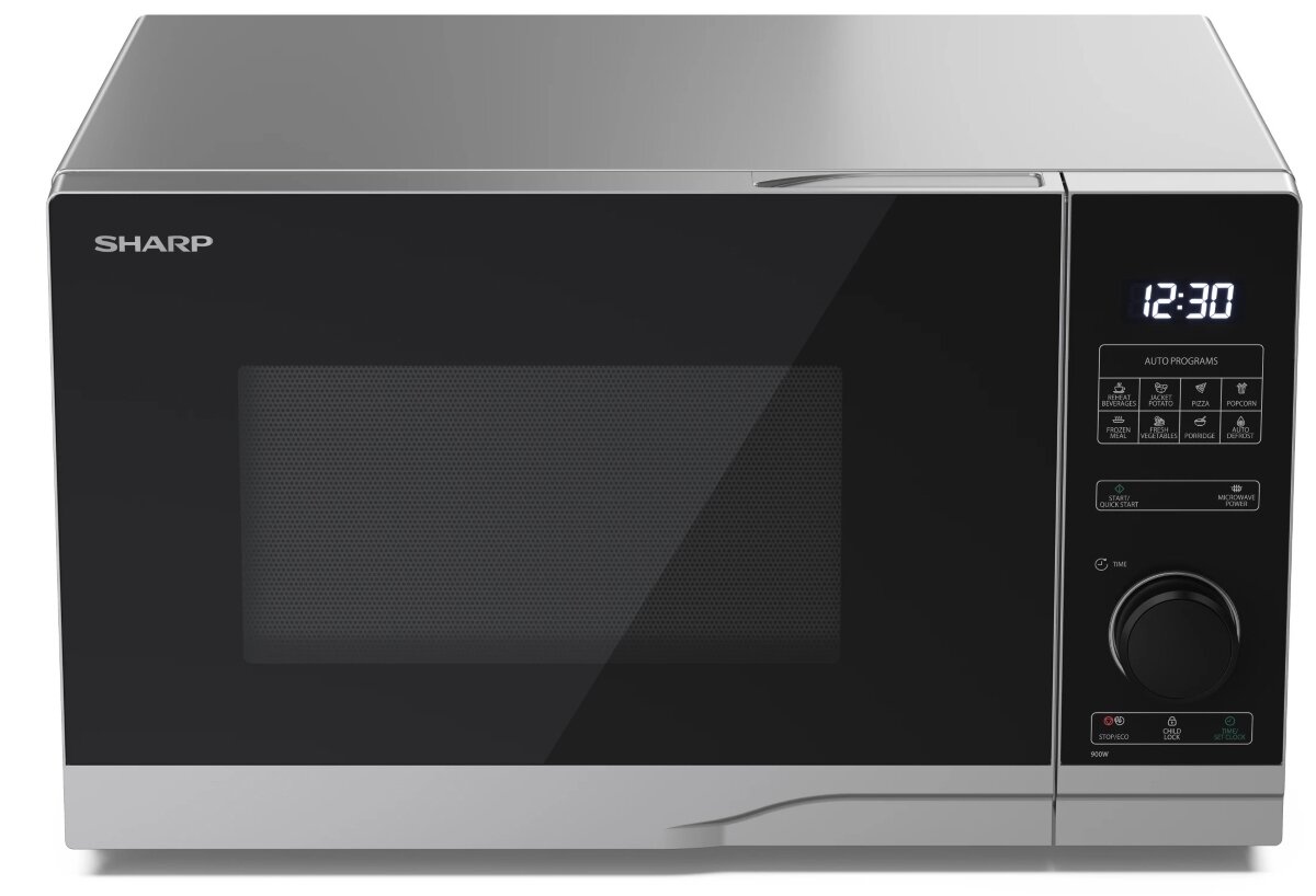 Kuchenka mikrofalowa Sharp z wyświetlaczem cyfrowym i panelem sterowania, na białym tle.