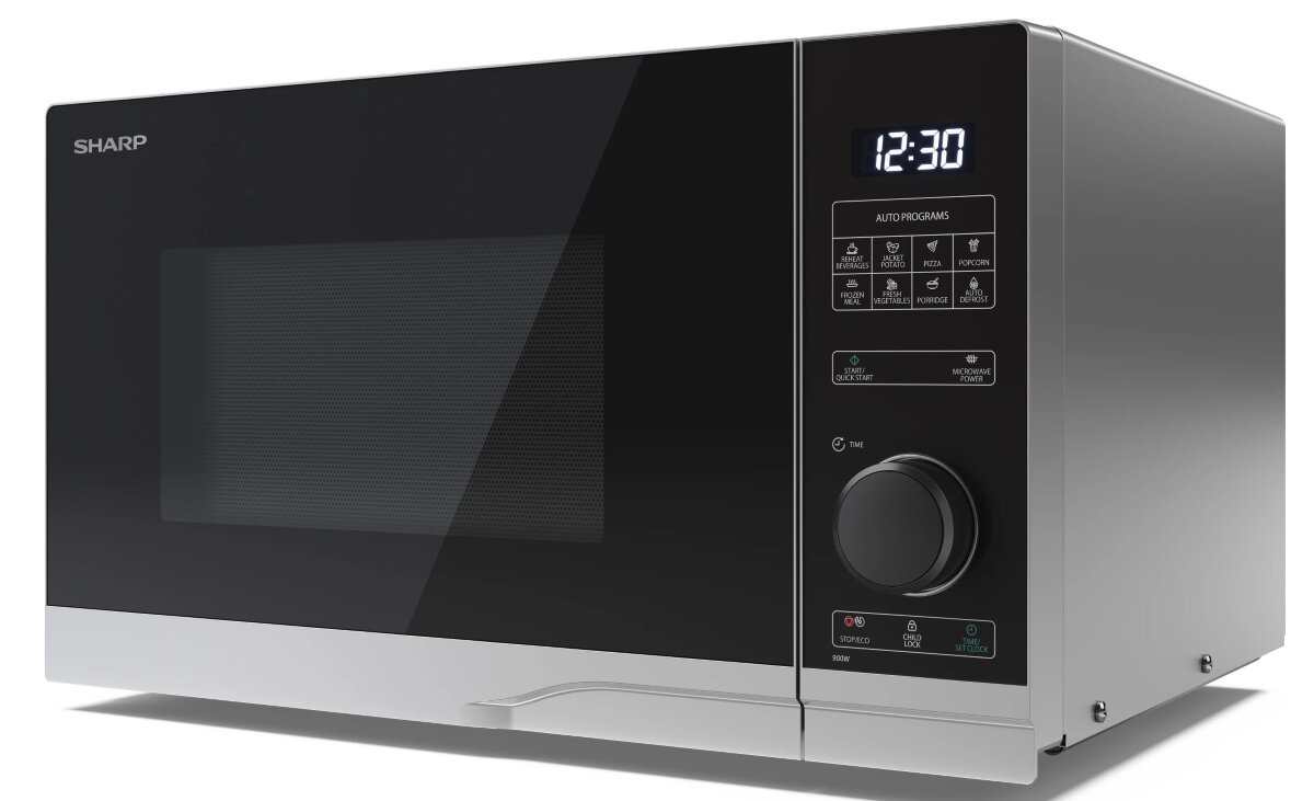 Czarny piekarnik mikrofalowy z cyfrowym zegarem i panelem sterowania.