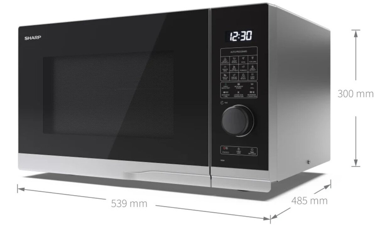 Kuchenka mikrofalowa Sharp z czarnymi drzwiami i srebrną podstawą. Wymiary: 539mm x 485mm x 300mm. Wyświetlacz pokazuje 12:30.