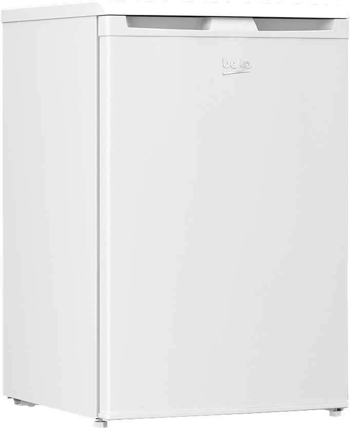 Weißer Beko-Kühlschrank mit Griff, auf weißem Hintergrund.